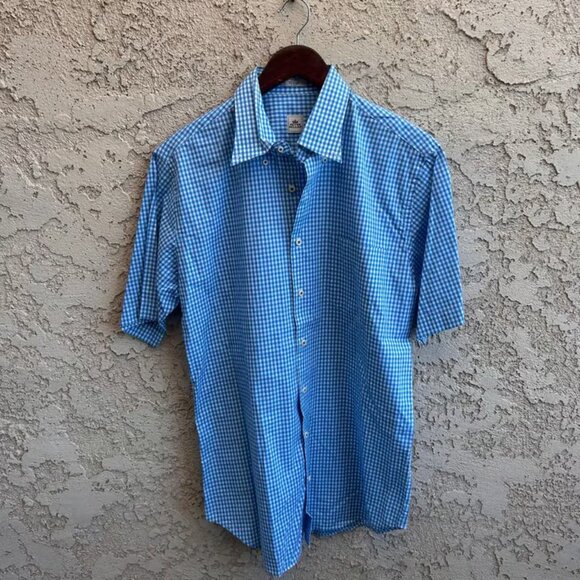 Peter Millar Gingham Check Short Sleeve Button Down Shirt Size Mens Medium - Picture 1 of 2